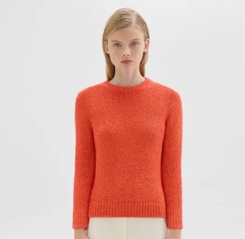 Theory Shrunken Crewneck Sweater Feather Cotton Blend Women's L Orange Knit